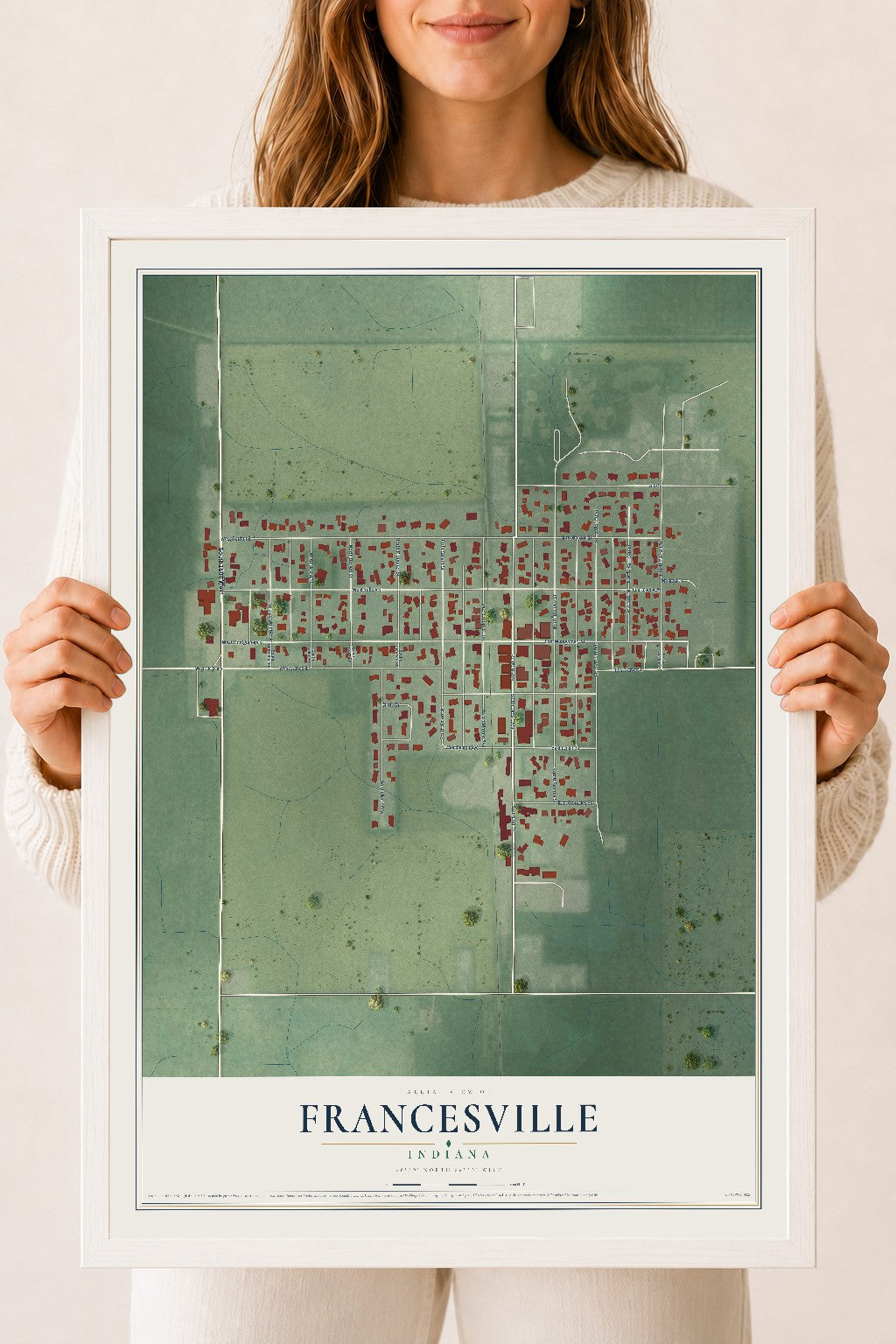 Map of Francesville, Indiana, 18 x 24 inch print in a white wood frame