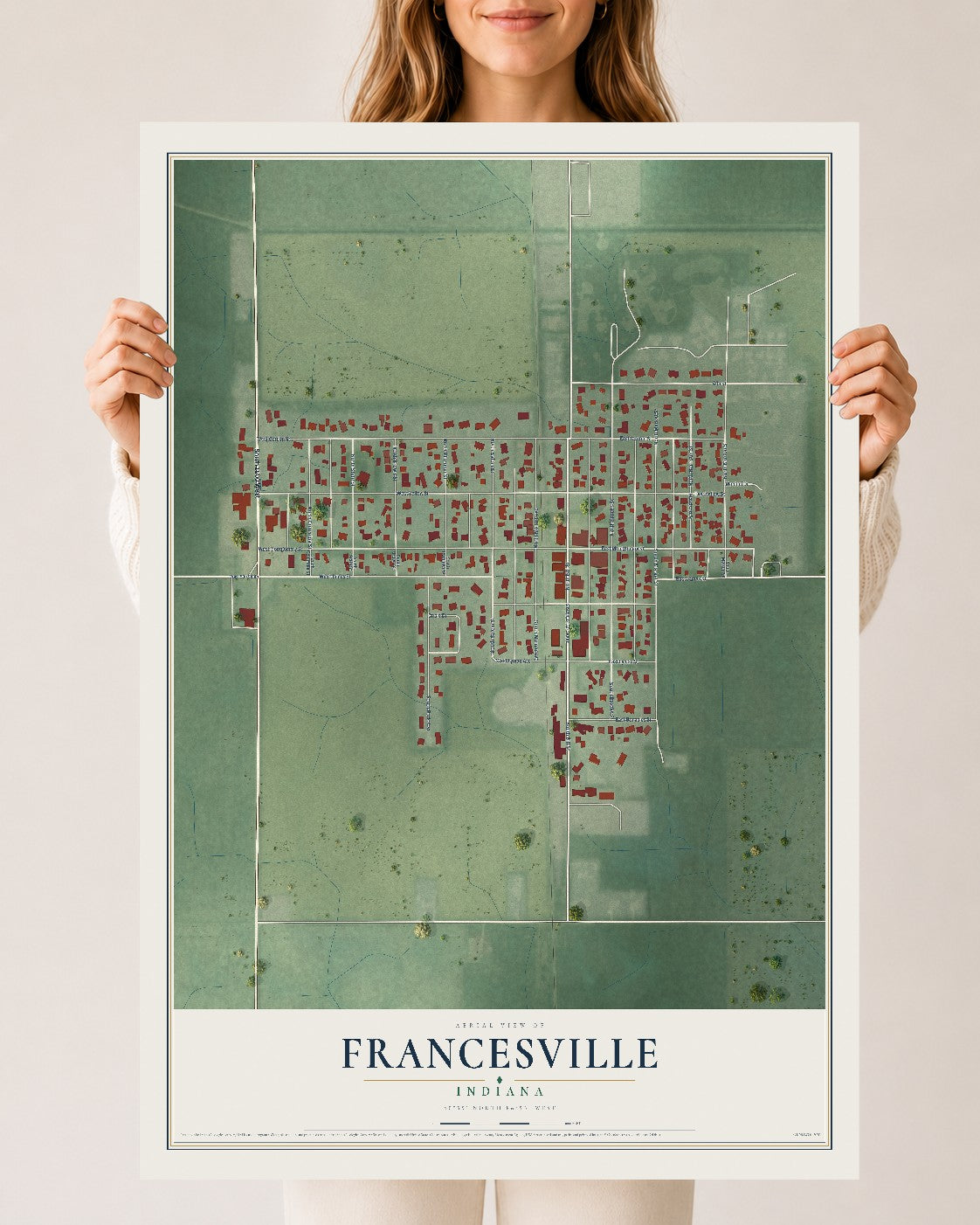 Map of Francesville, Indiana, 24 x 36 inch unframed archival matte print