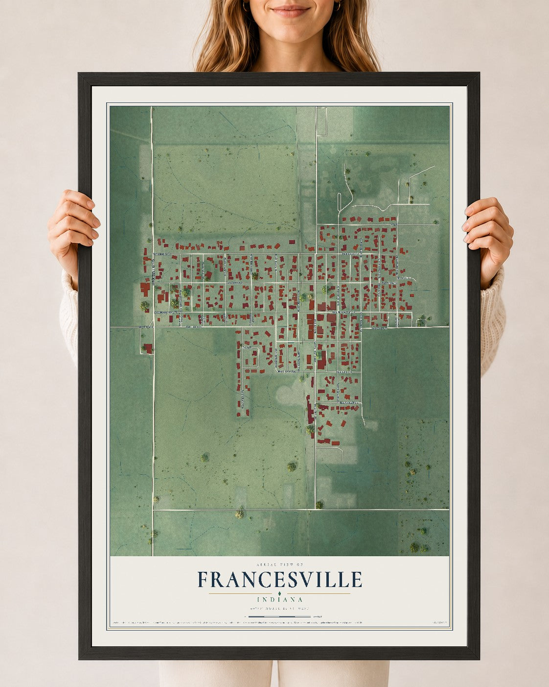 Map of Francesville, Indiana, 24 x 36 inch print in a black wood frame