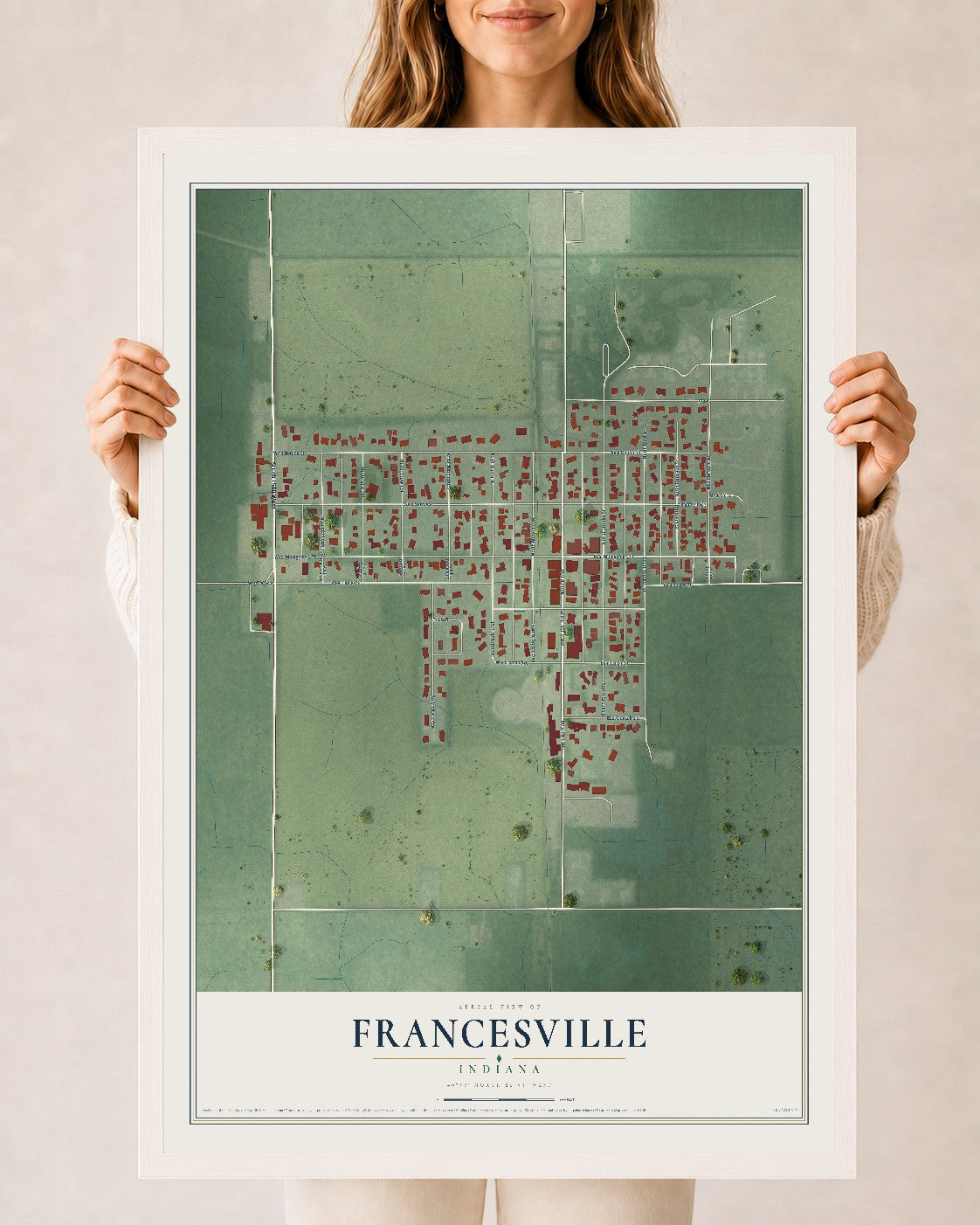 Map of Francesville, Indiana, 24 x 36 inch print in a white wood frame