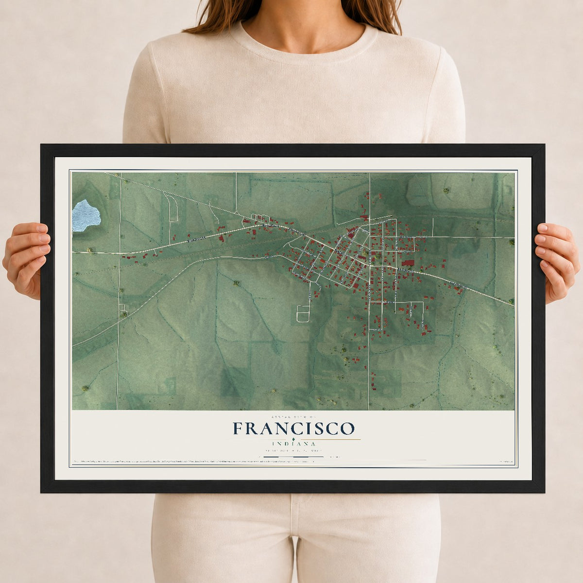 Map of Francisco, Indiana, 12 x 18 inch print in a black wood frame