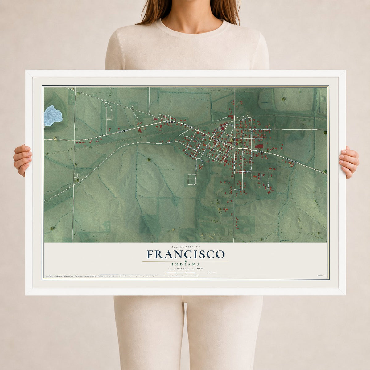 Map of Francisco, Indiana, 24 x 36 inch print in a white wood frame