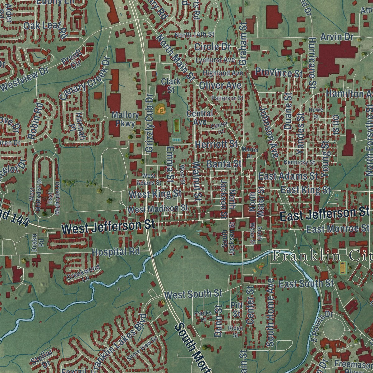 Close-up of the map of Franklin, Indiana print showing street and building detail