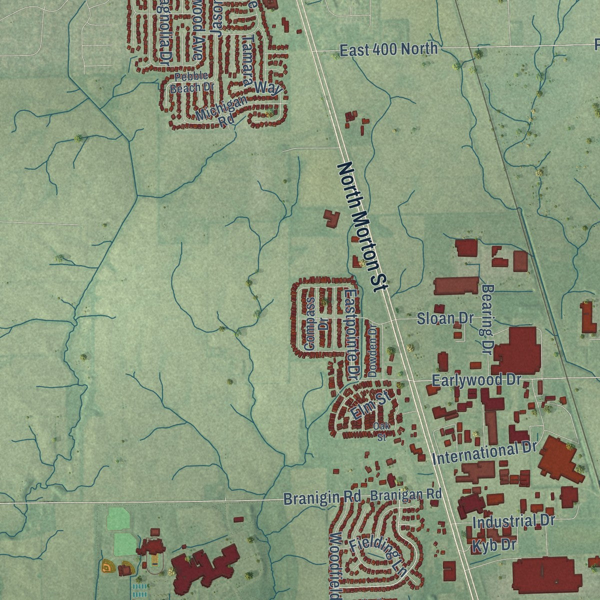 Second close-up of the map of Franklin, Indiana print showing more streets and buildings