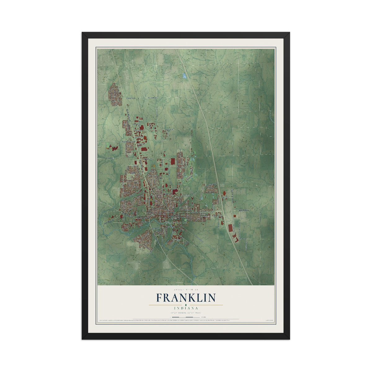 Map of Franklin, Indiana, 12 x 18 inch print in a black wood frame