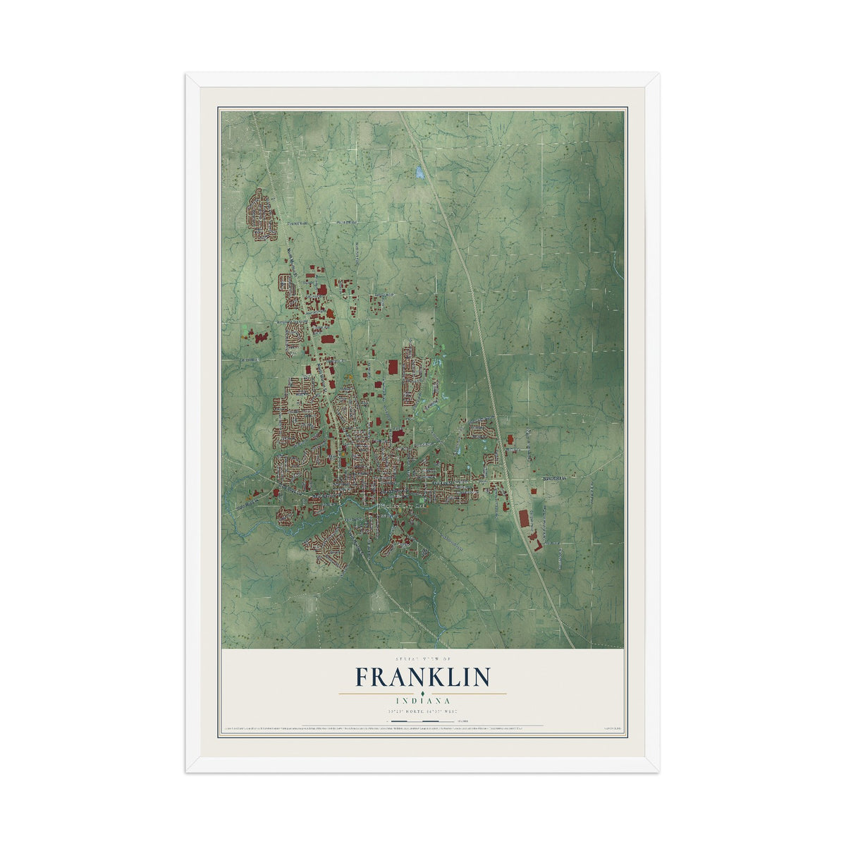 Map of Franklin, Indiana, 12 x 18 inch print in a white wood frame