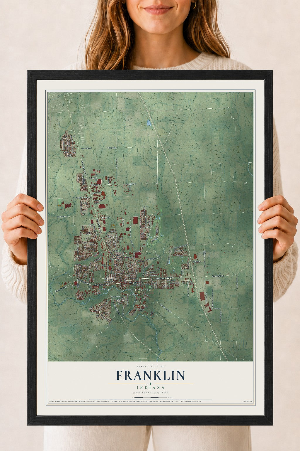 Map of Franklin, Indiana, 18 x 24 inch print in a black wood frame