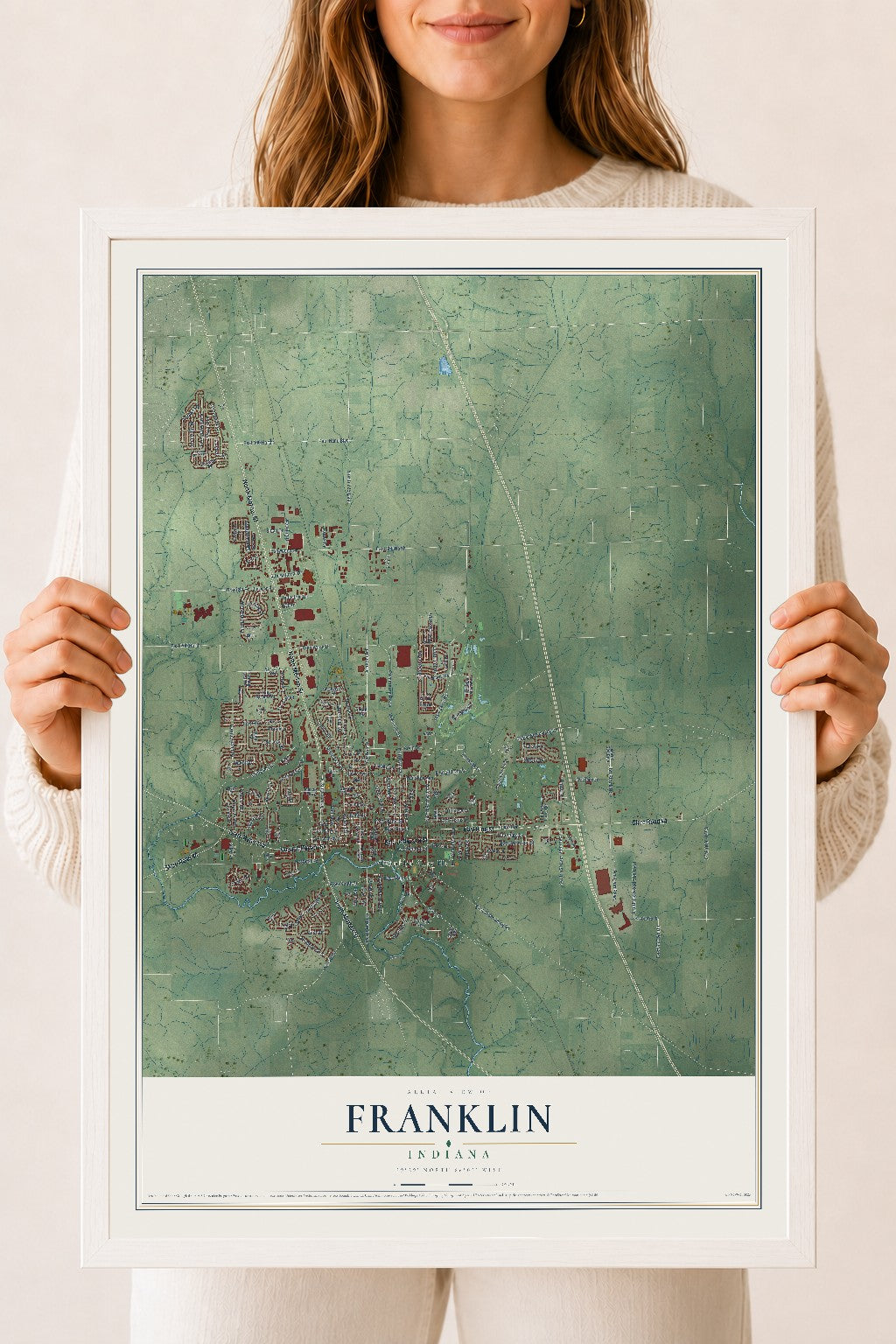 Map of Franklin, Indiana, 18 x 24 inch print in a white wood frame