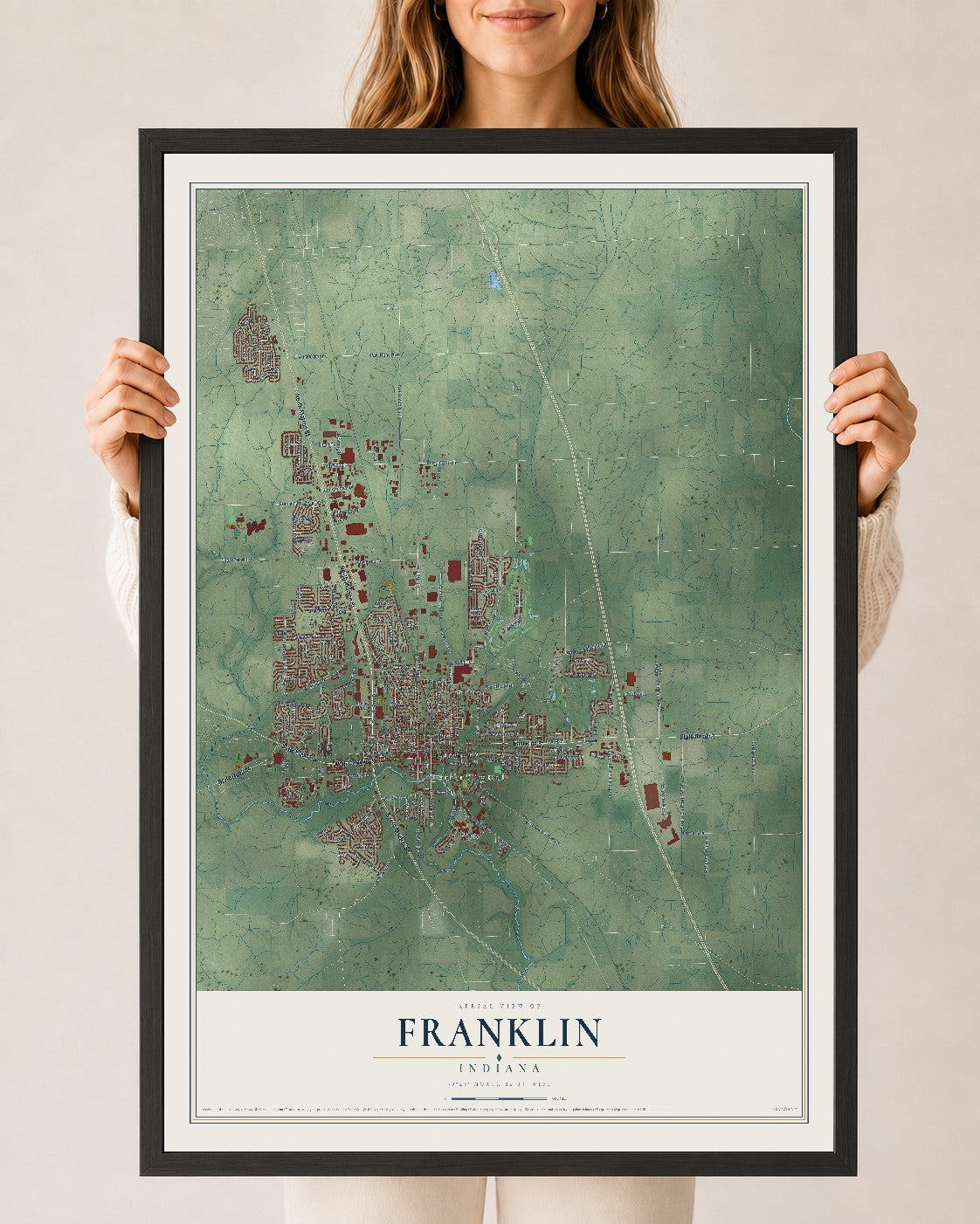 Map of Franklin, Indiana, 24 x 36 inch print in a black wood frame