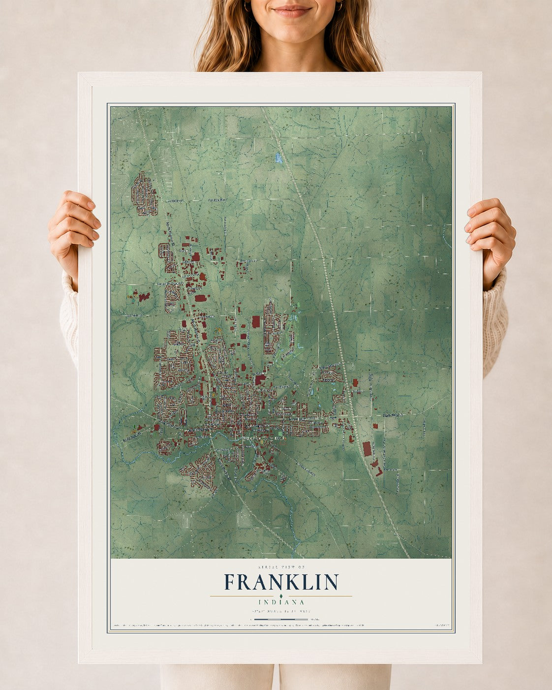 Map of Franklin, Indiana, 24 x 36 inch print in a white wood frame