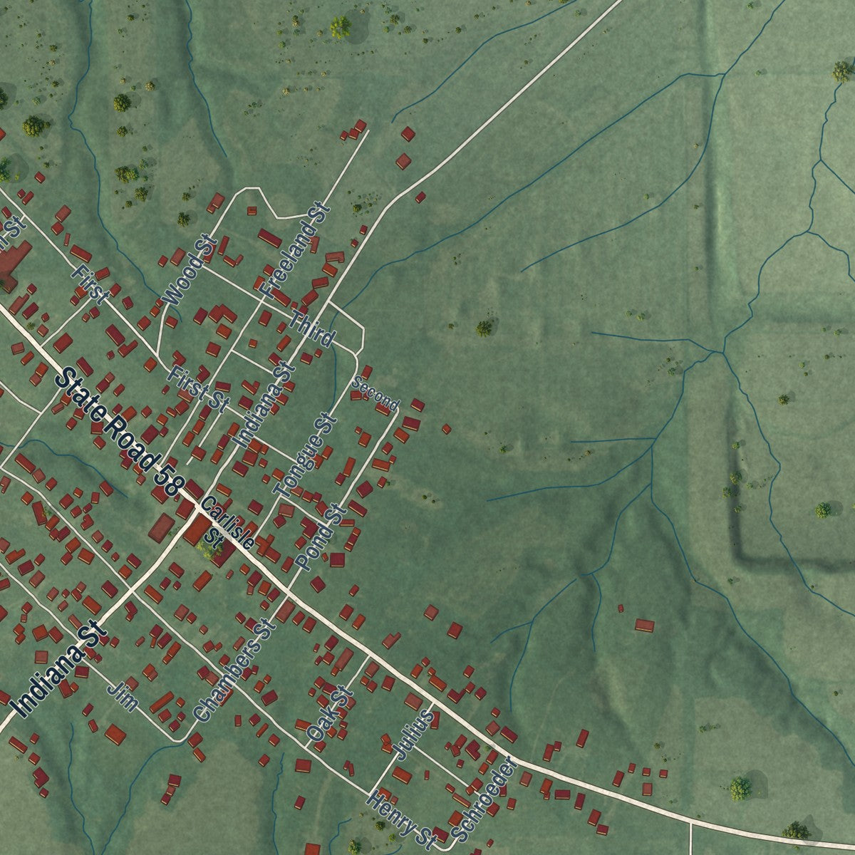 Close-up of the map of Freelandville, Indiana print showing street and building detail