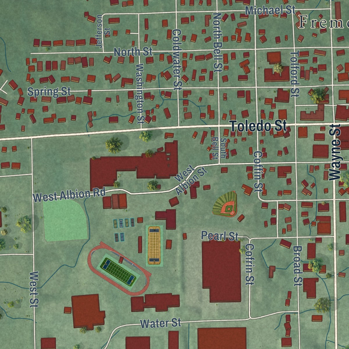 Close-up of the map of Fremont, Indiana print showing street and building detail
