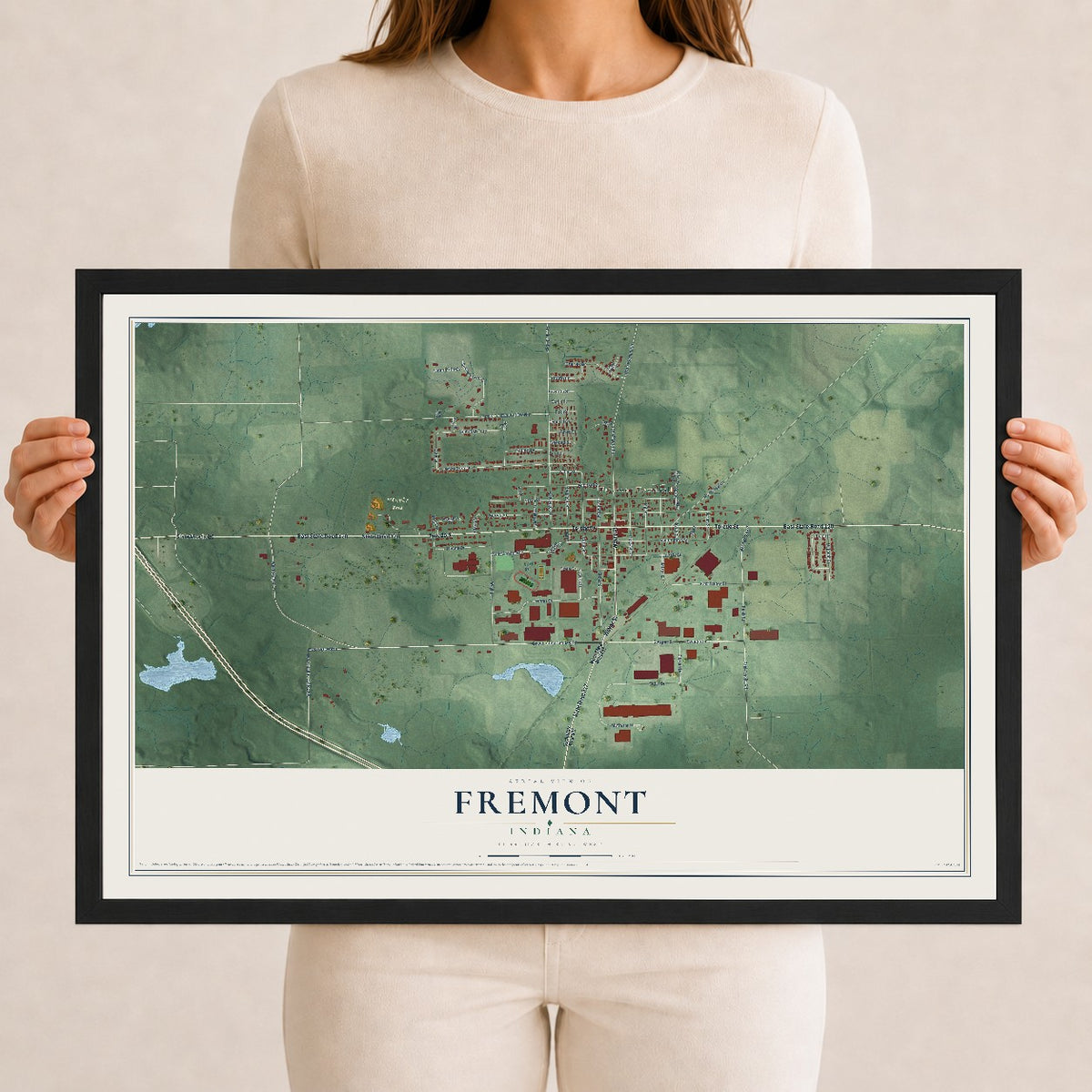 Map of Fremont, Indiana, 12 x 18 inch print in a black wood frame