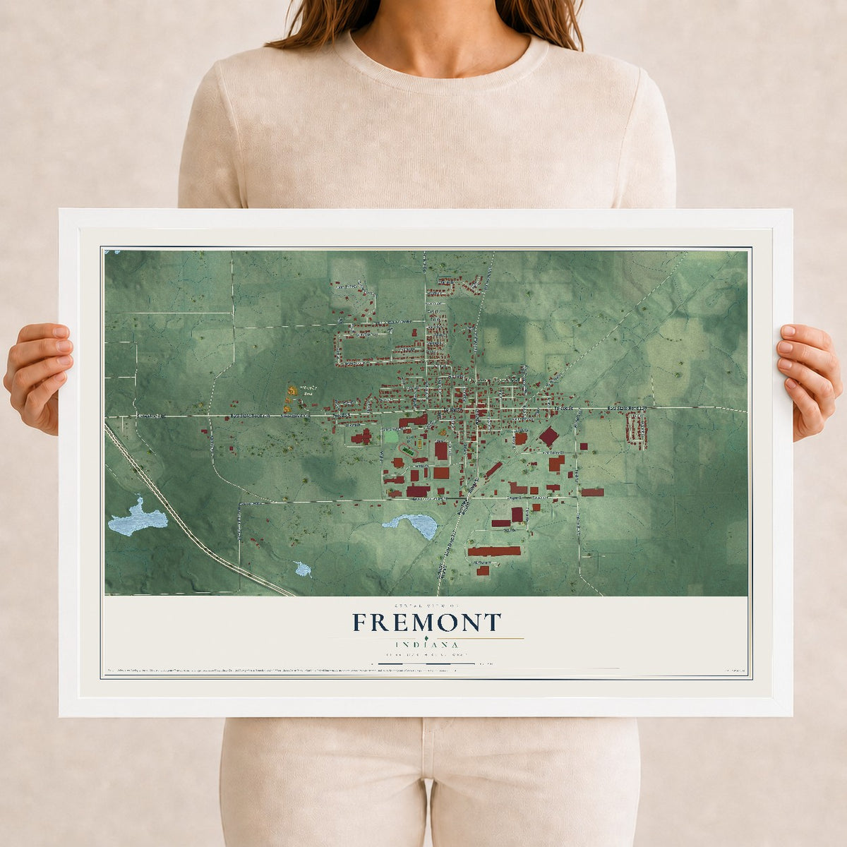 Map of Fremont, Indiana, 12 x 18 inch print in a white wood frame