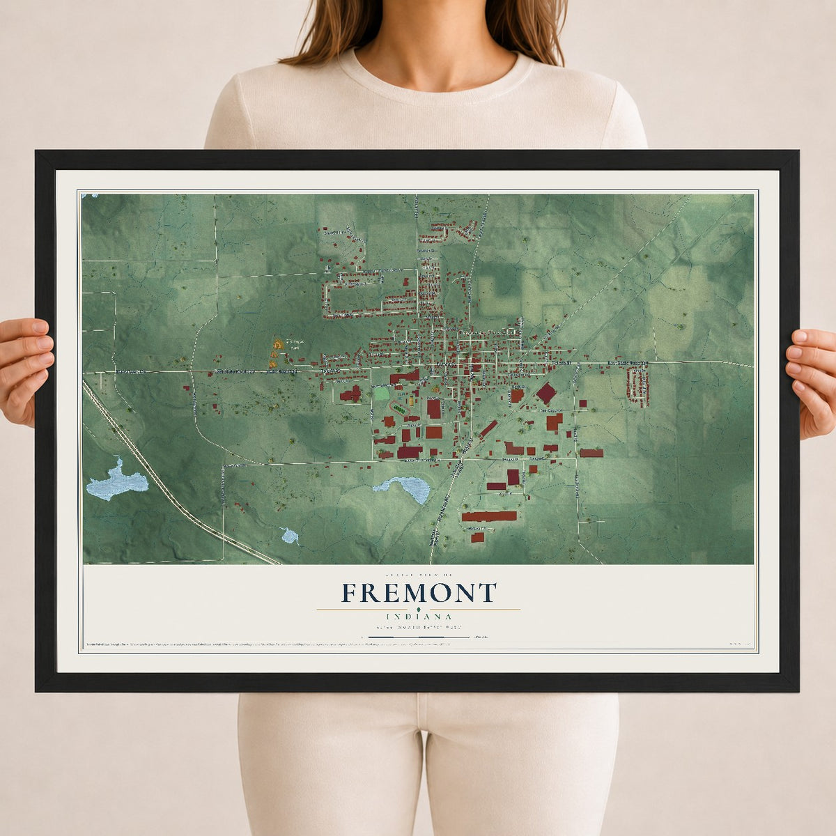 Map of Fremont, Indiana, 18 x 24 inch print in a black wood frame