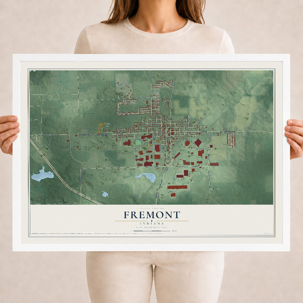 Map of Fremont, Indiana, 18 x 24 inch print in a white wood frame