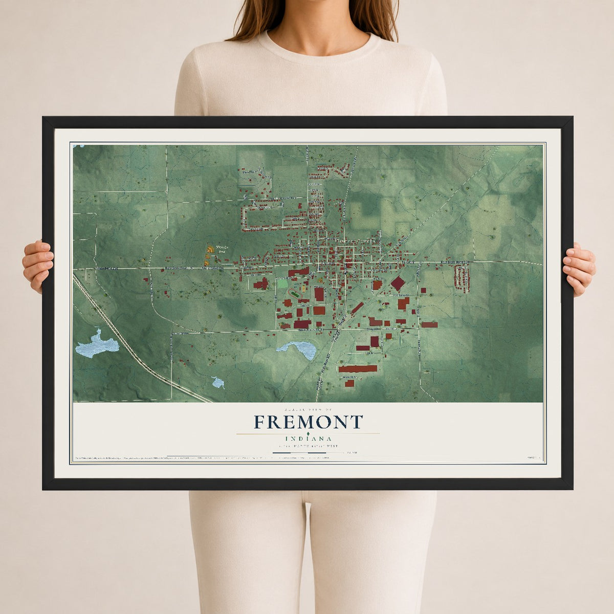Map of Fremont, Indiana, 24 x 36 inch print in a black wood frame