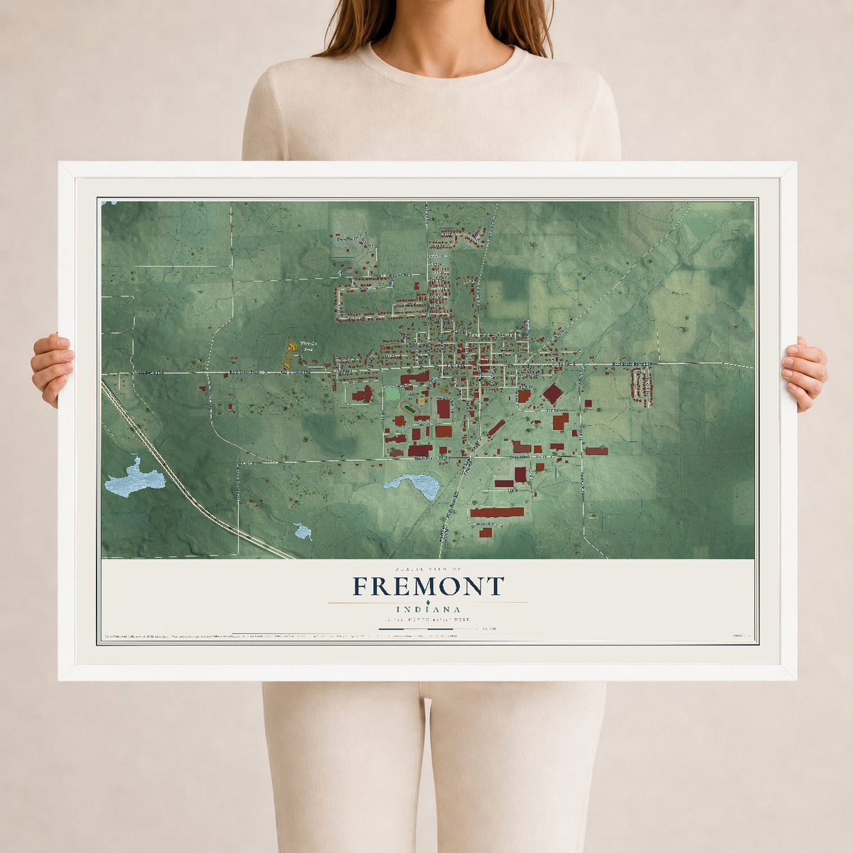 Map of Fremont, Indiana, 24 x 36 inch print in a white wood frame