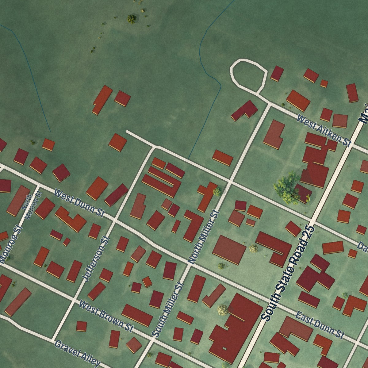 Close-up of the map of Fulton, Indiana print showing street and building detail