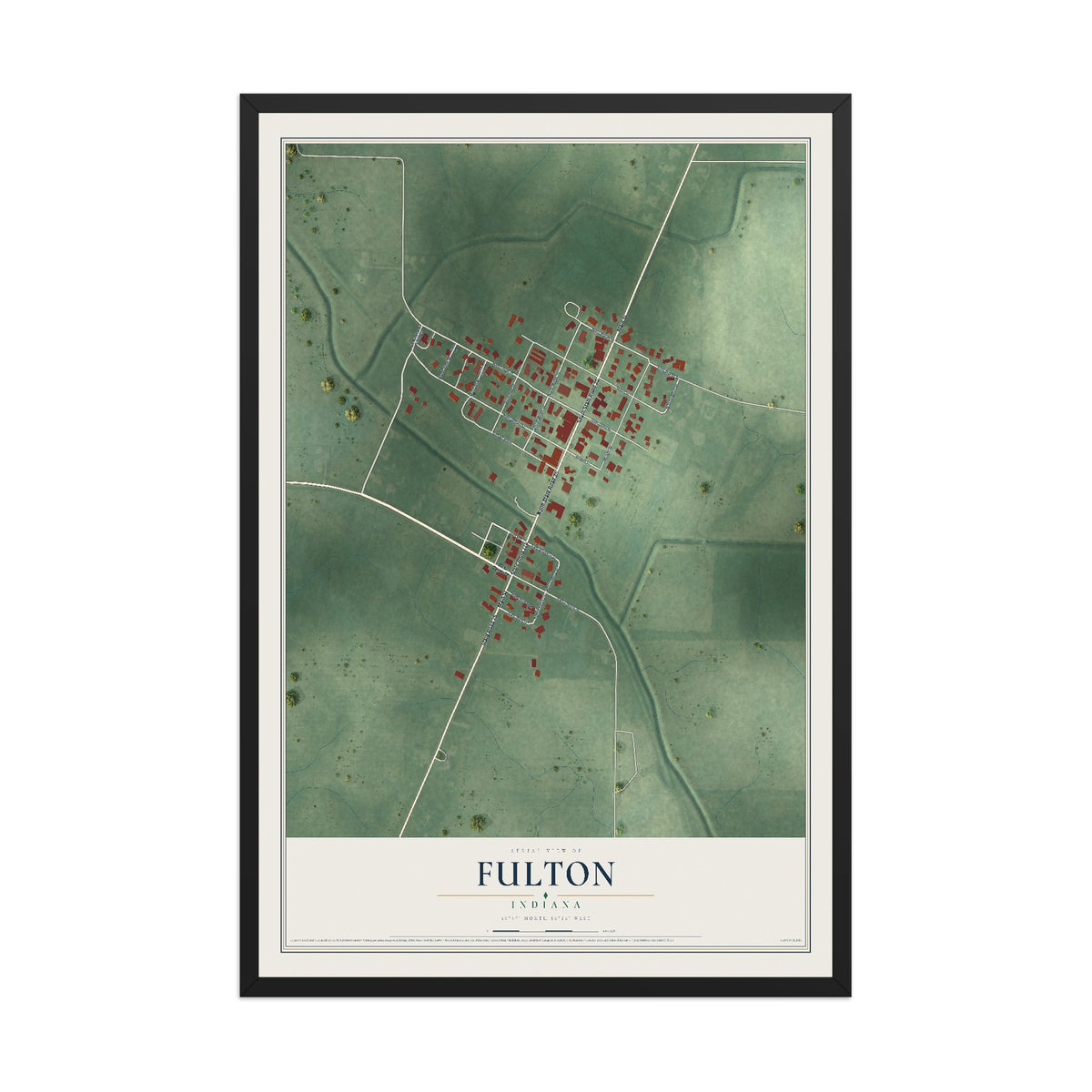 Map of Fulton, Indiana, 12 x 18 inch print in a black wood frame