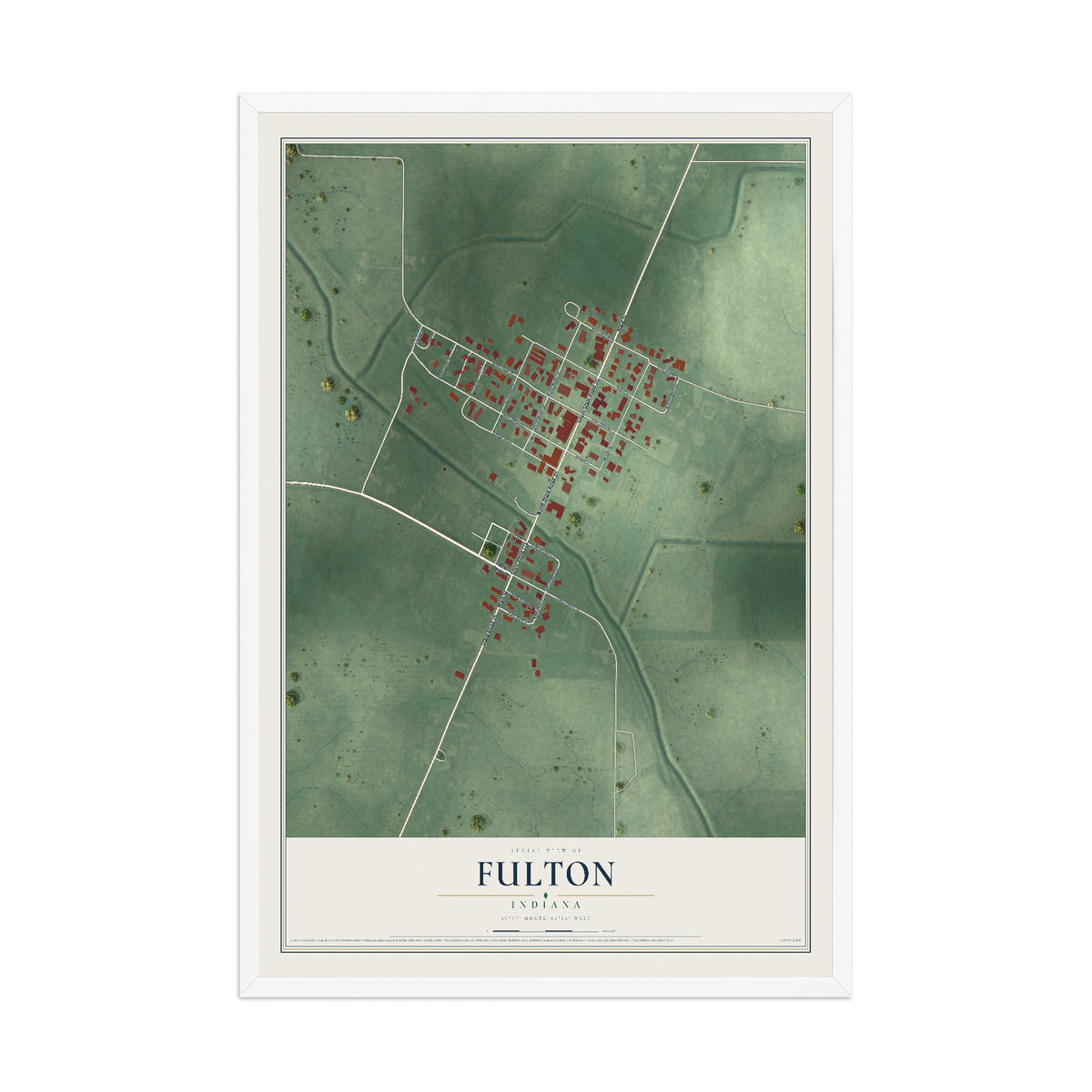 Map of Fulton, Indiana, 12 x 18 inch print in a white wood frame
