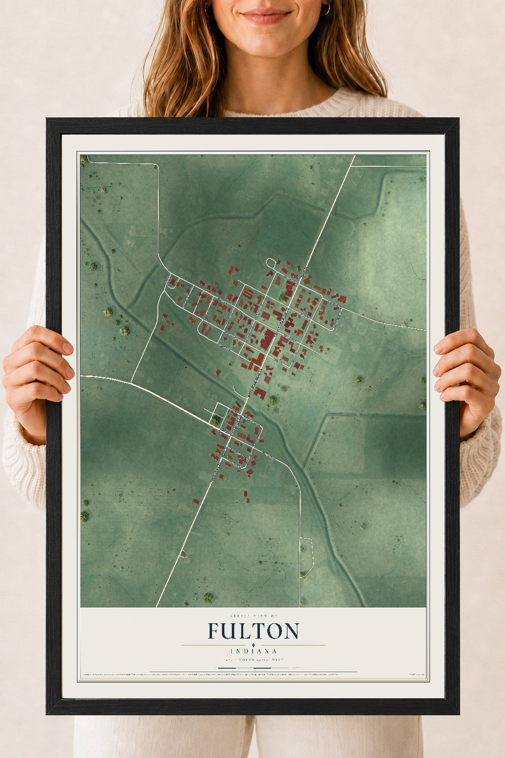 Map of Fulton, Indiana, 18 x 24 inch print in a black wood frame