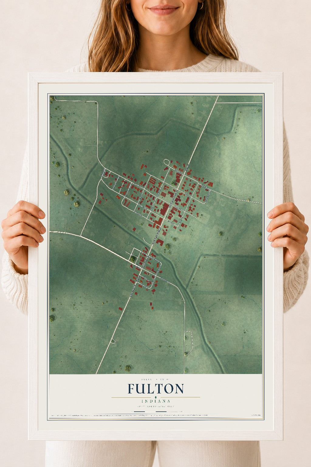 Map of Fulton, Indiana, 18 x 24 inch print in a white wood frame