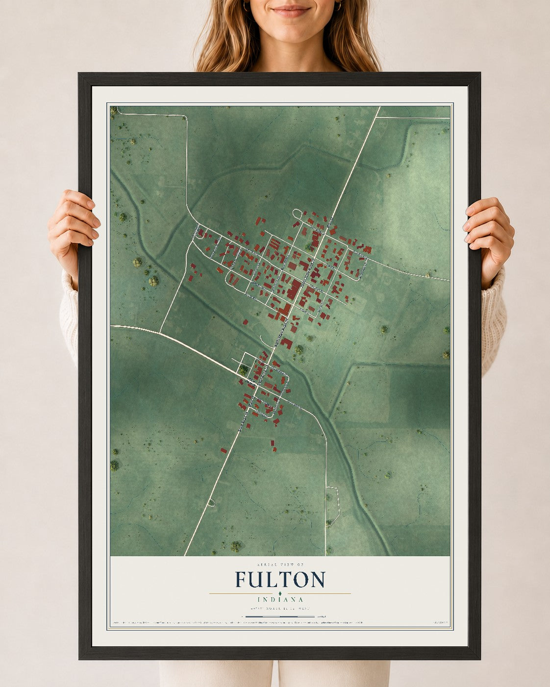 Map of Fulton, Indiana, 24 x 36 inch print in a black wood frame