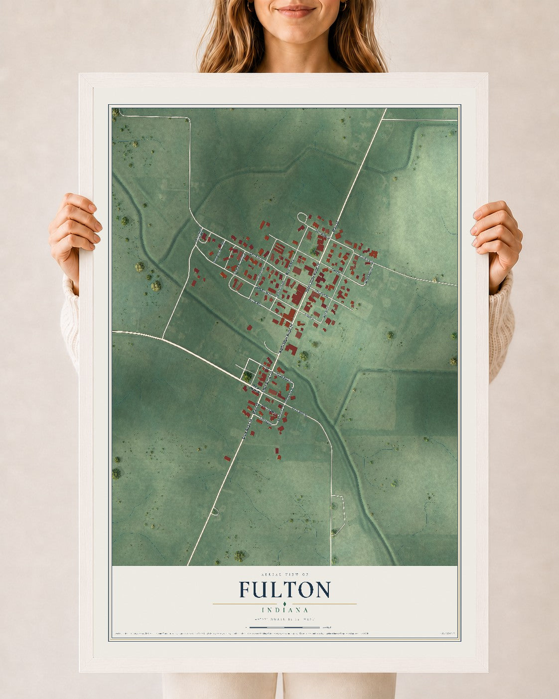 Map of Fulton, Indiana, 24 x 36 inch print in a white wood frame