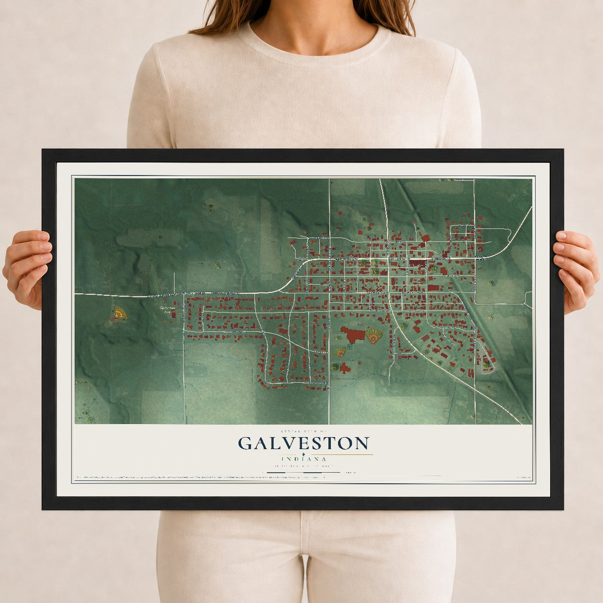 Map of Galveston, Indiana, 12 x 18 inch print in a black wood frame