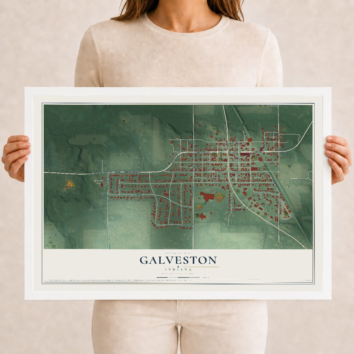 Map of Galveston, Indiana, 12 x 18 inch print in a white wood frame