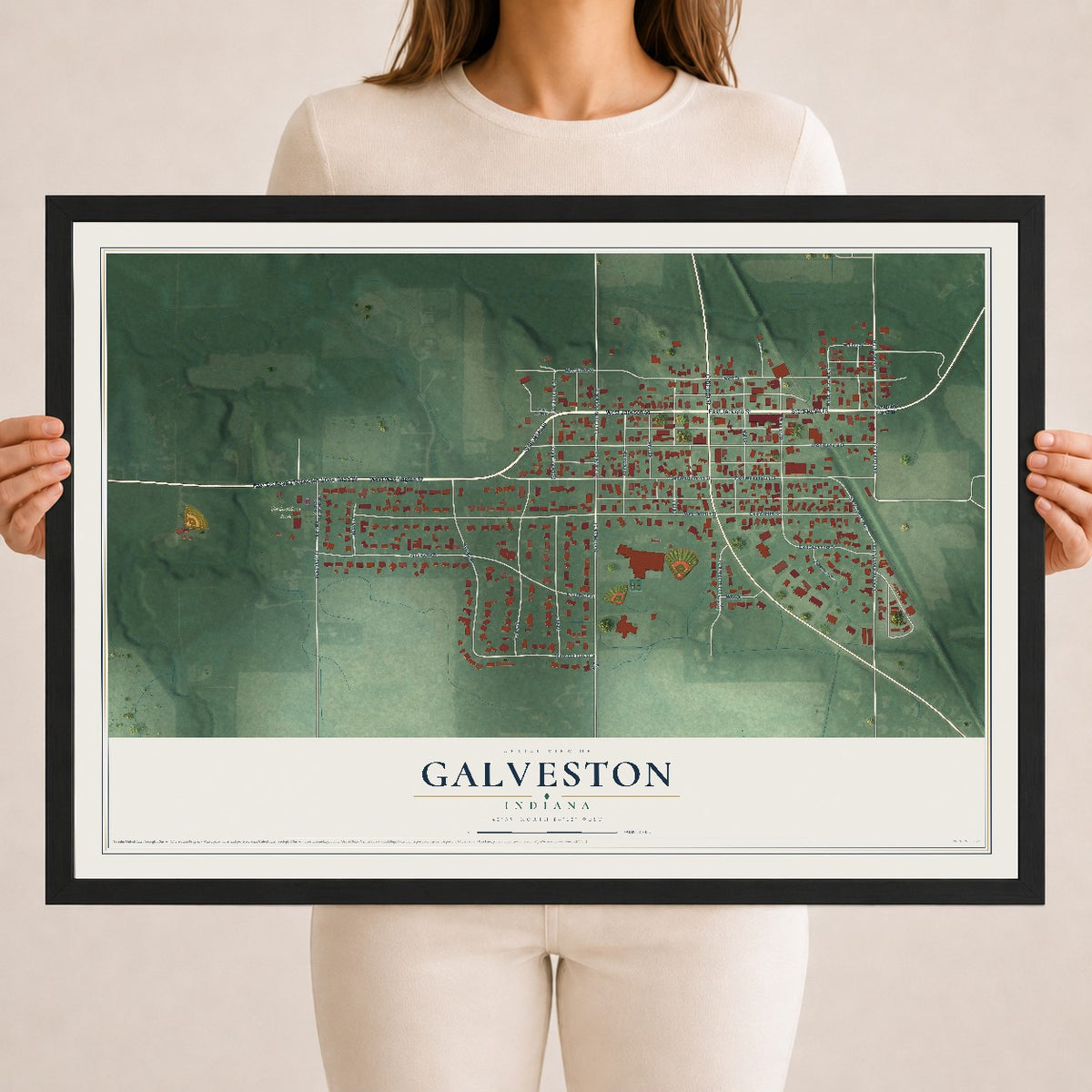 Map of Galveston, Indiana, 18 x 24 inch print in a black wood frame