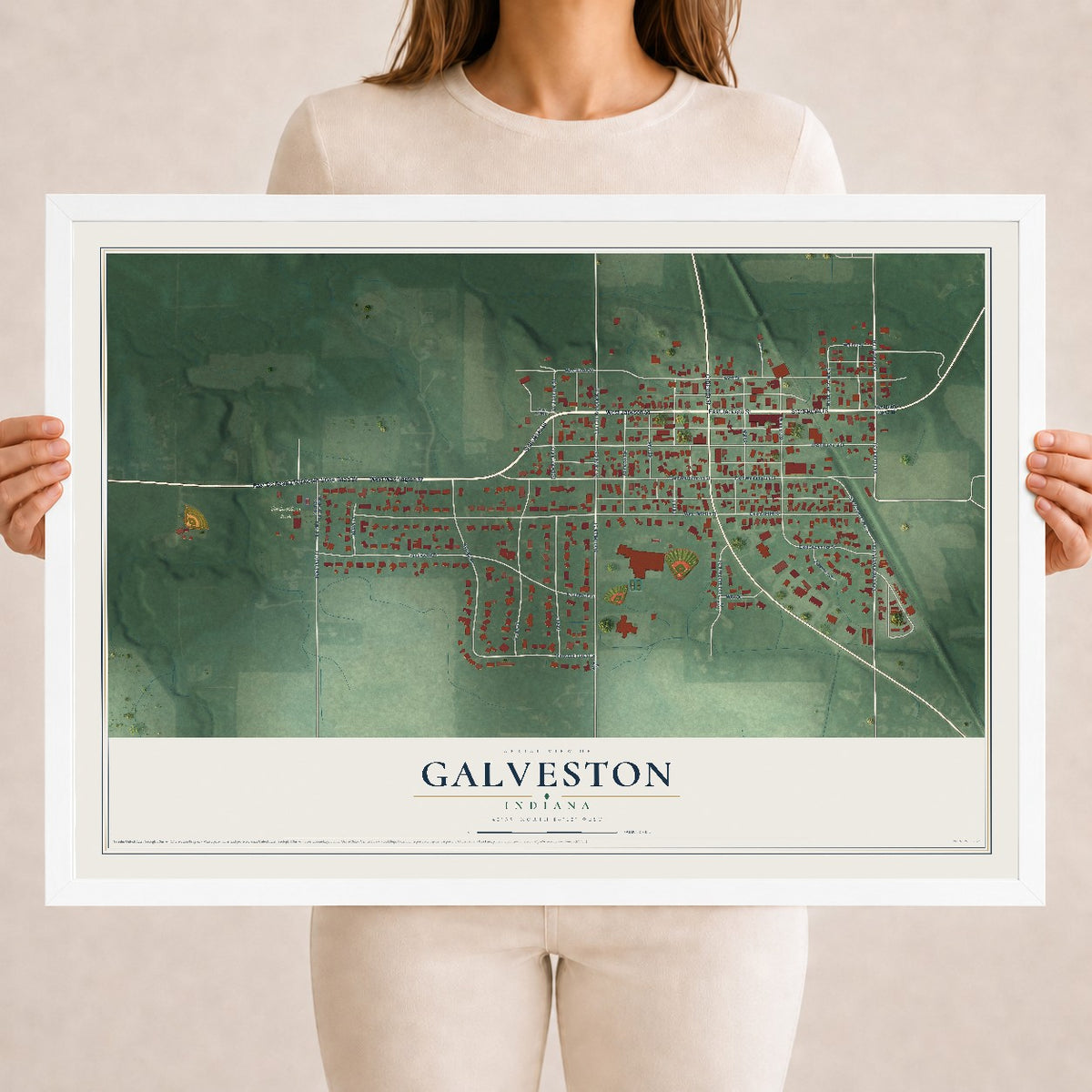 Map of Galveston, Indiana, 18 x 24 inch print in a white wood frame