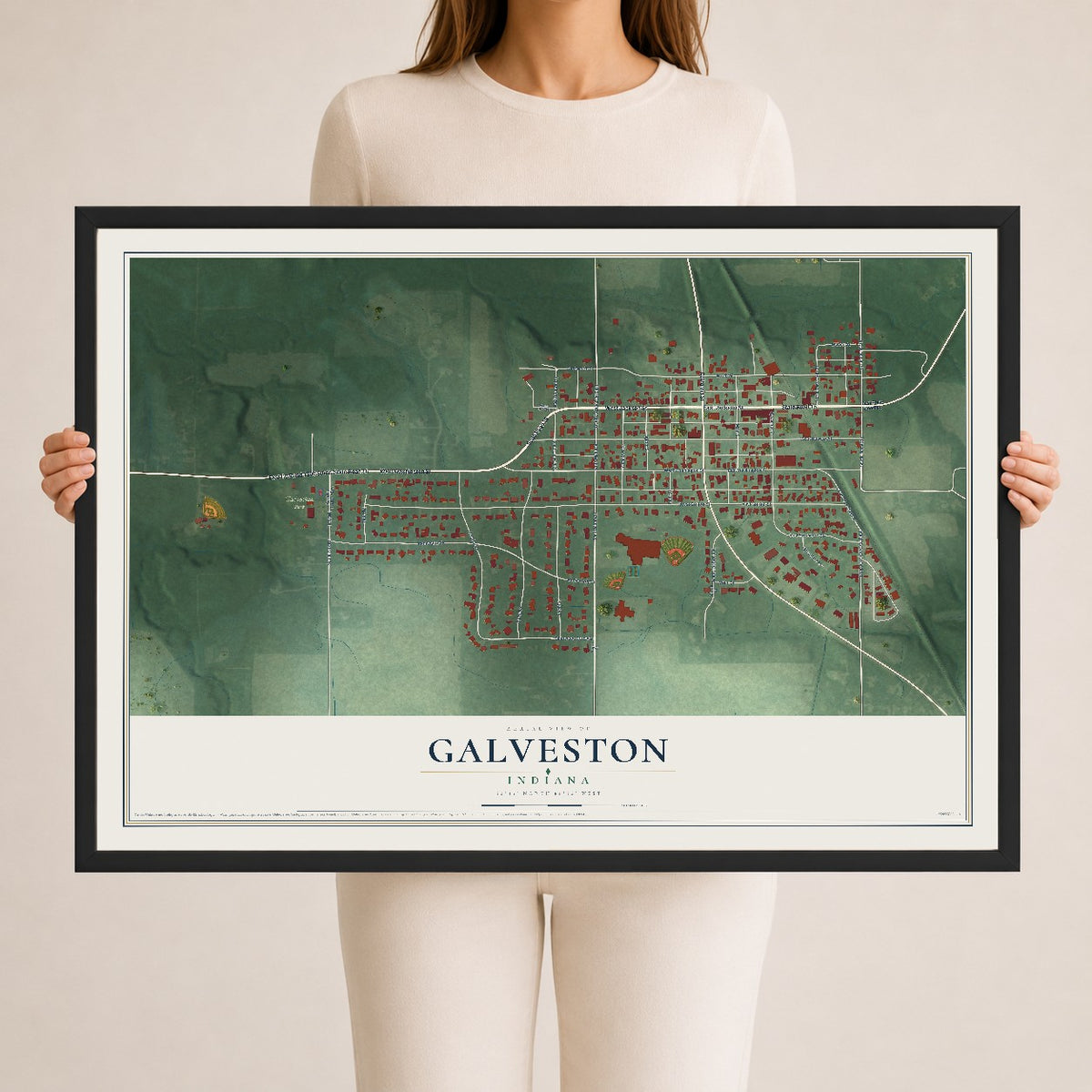 Map of Galveston, Indiana, 24 x 36 inch print in a black wood frame