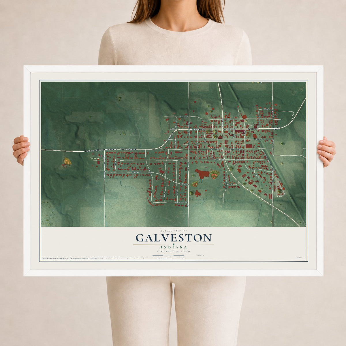 Map of Galveston, Indiana, 24 x 36 inch print in a white wood frame