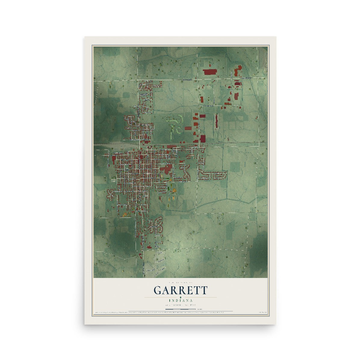 Map of Garrett, Indiana, 12 x 18 inch unframed archival matte print