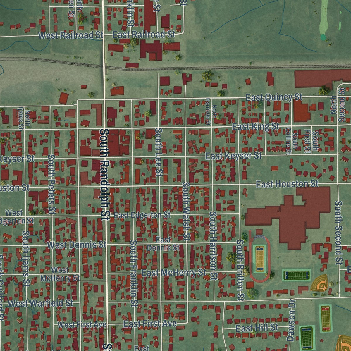 Close-up of the map of Garrett, Indiana print showing street and building detail