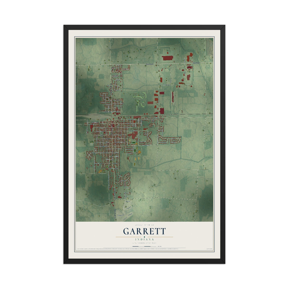 Map of Garrett, Indiana, 12 x 18 inch print in a black wood frame