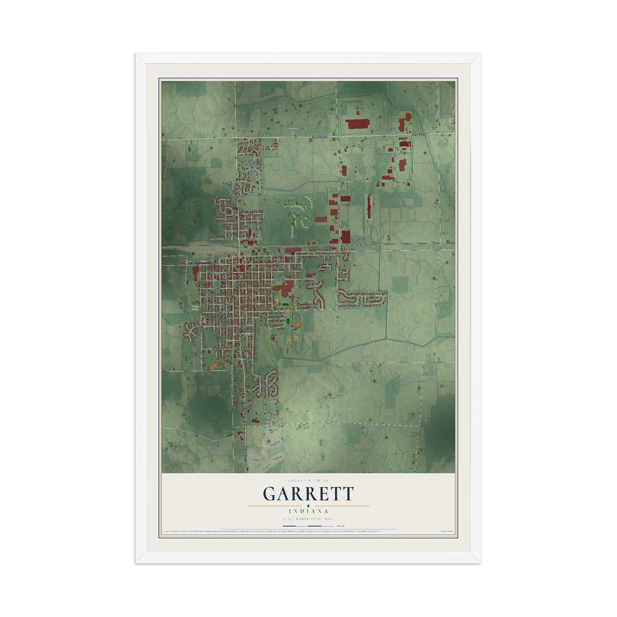 Map of Garrett, Indiana, 12 x 18 inch print in a white wood frame