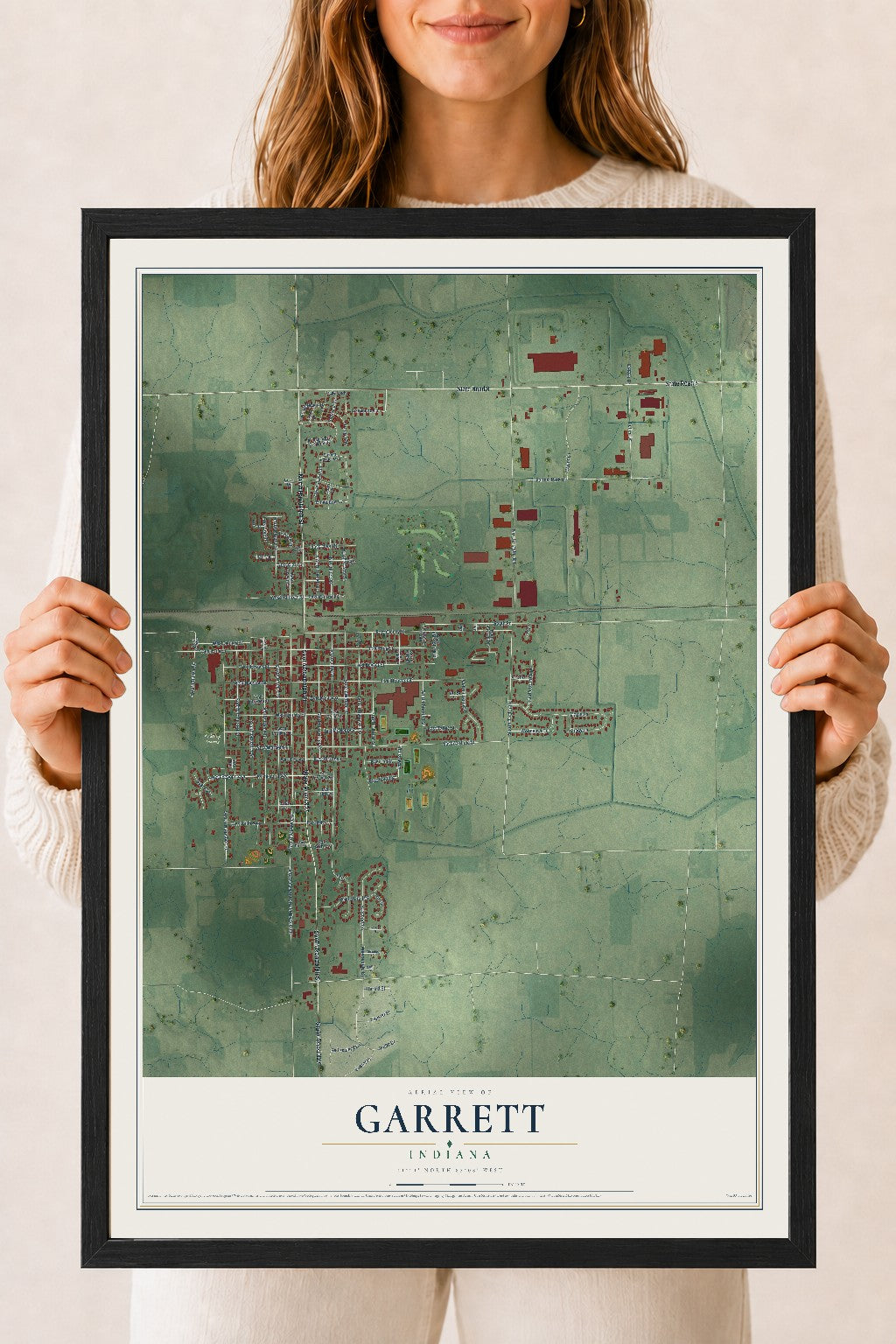 Map of Garrett, Indiana, 18 x 24 inch print in a black wood frame