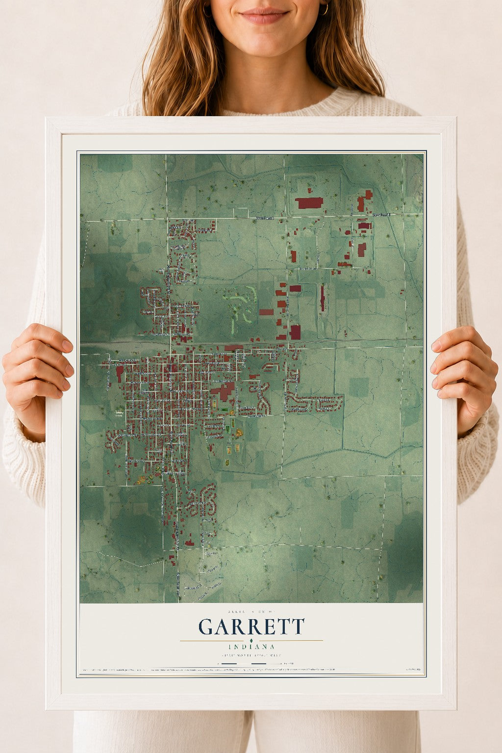 Map of Garrett, Indiana, 18 x 24 inch print in a white wood frame