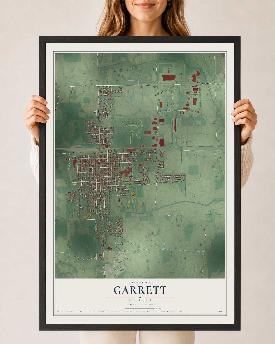 Map of Garrett, Indiana, 24 x 36 inch print in a black wood frame