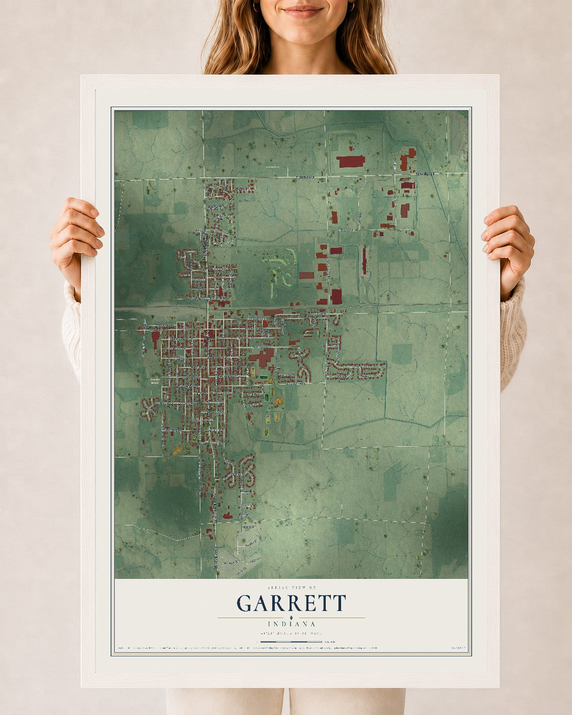 Map of Garrett, Indiana, 24 x 36 inch print in a white wood frame