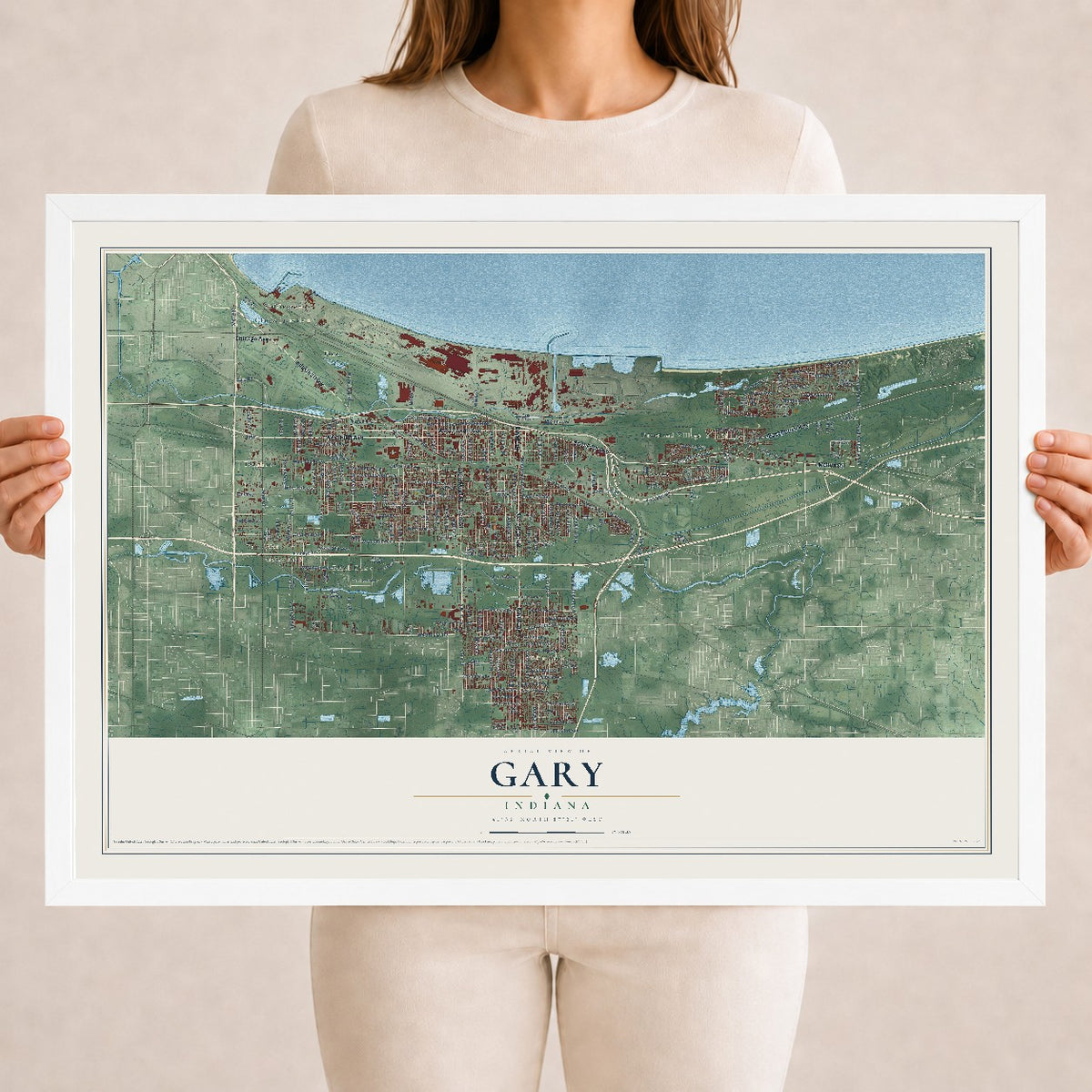 Map of Gary, Indiana, 18 x 24 inch print in a white wood frame