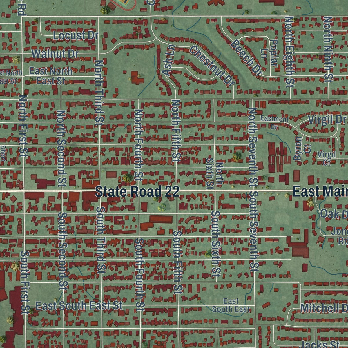 Close-up of the map of Gas City, Indiana print showing street and building detail