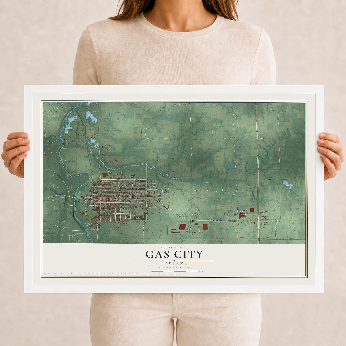 Map of Gas City, Indiana, 12 x 18 inch print in a white wood frame