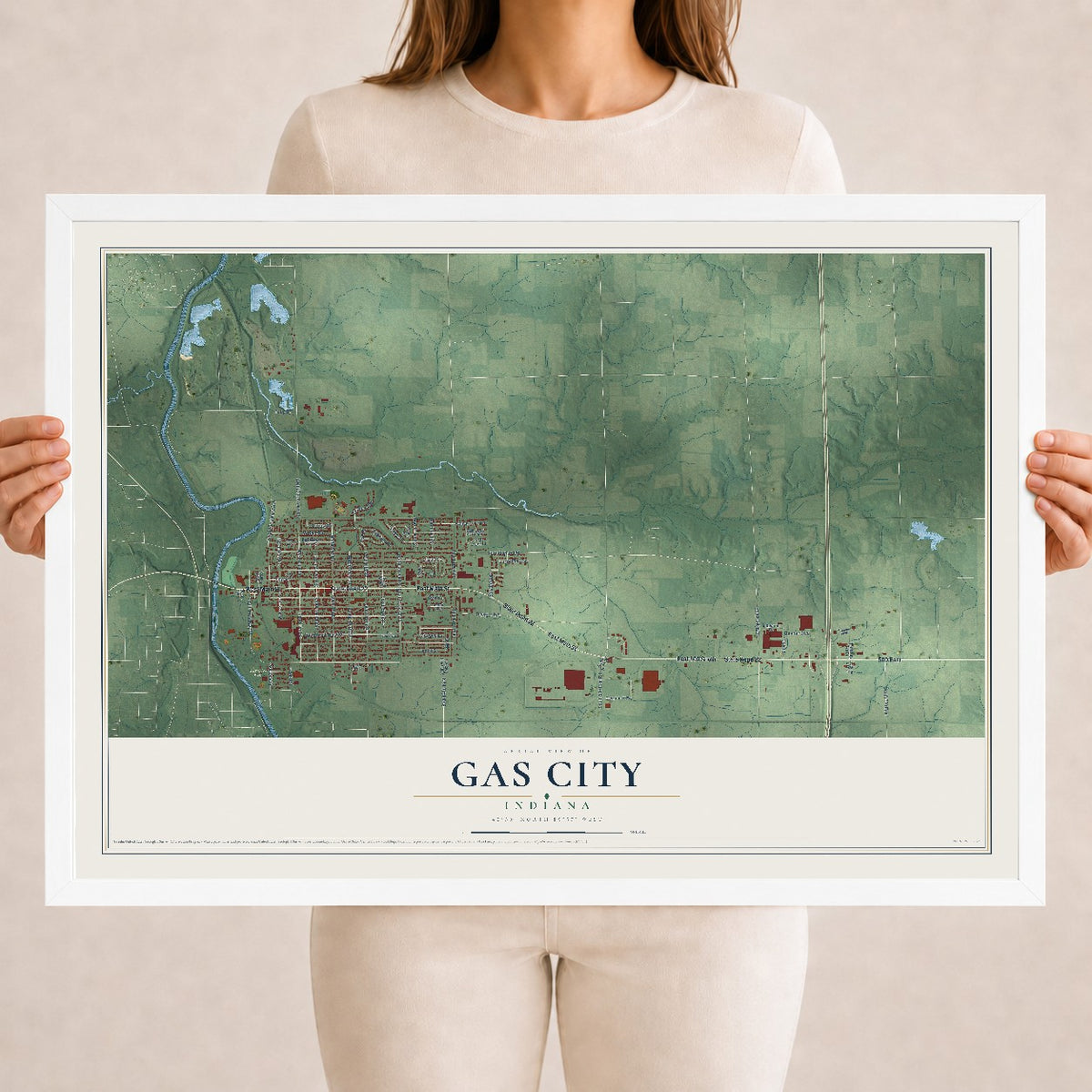 Map of Gas City, Indiana, 18 x 24 inch print in a white wood frame