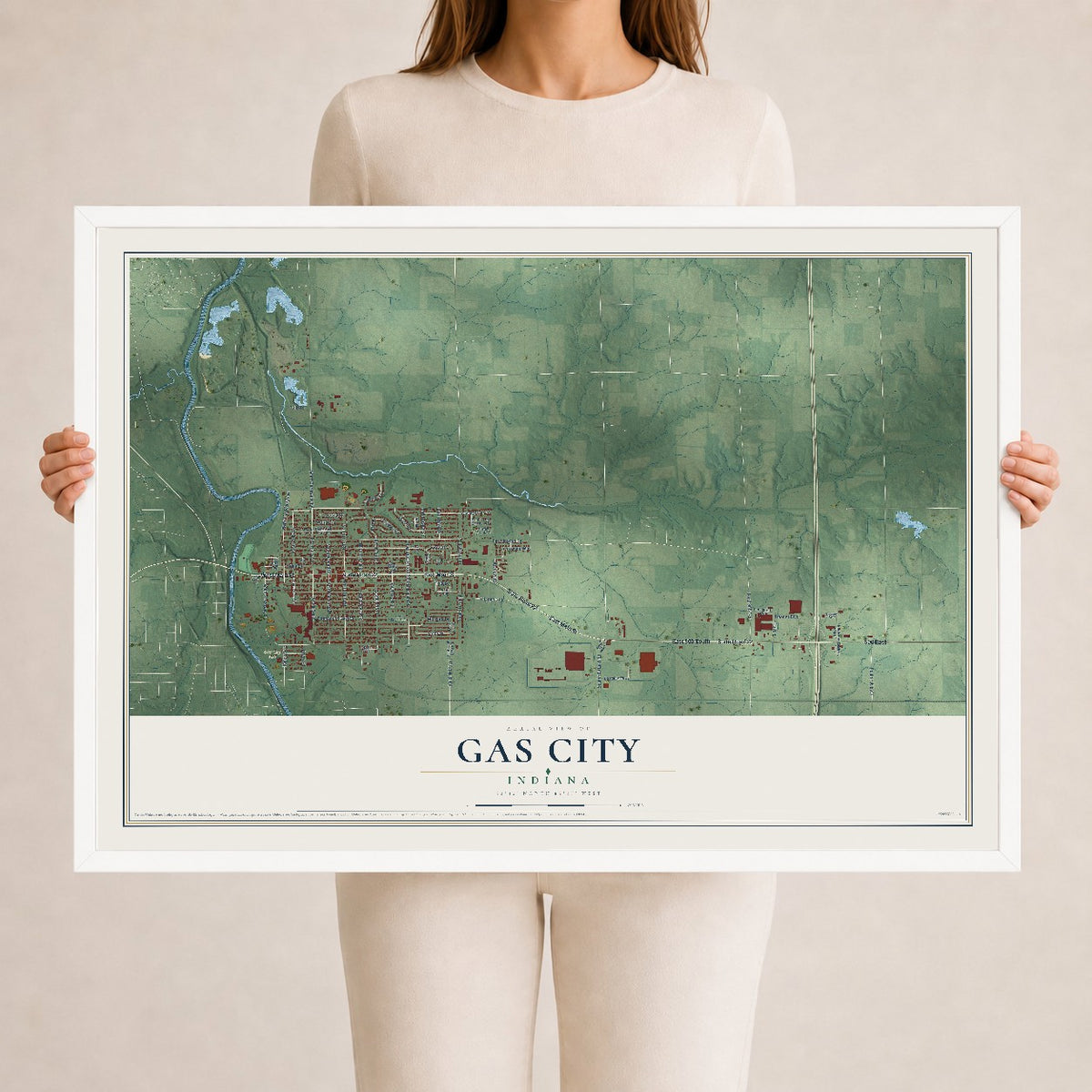 Map of Gas City, Indiana, 24 x 36 inch print in a white wood frame