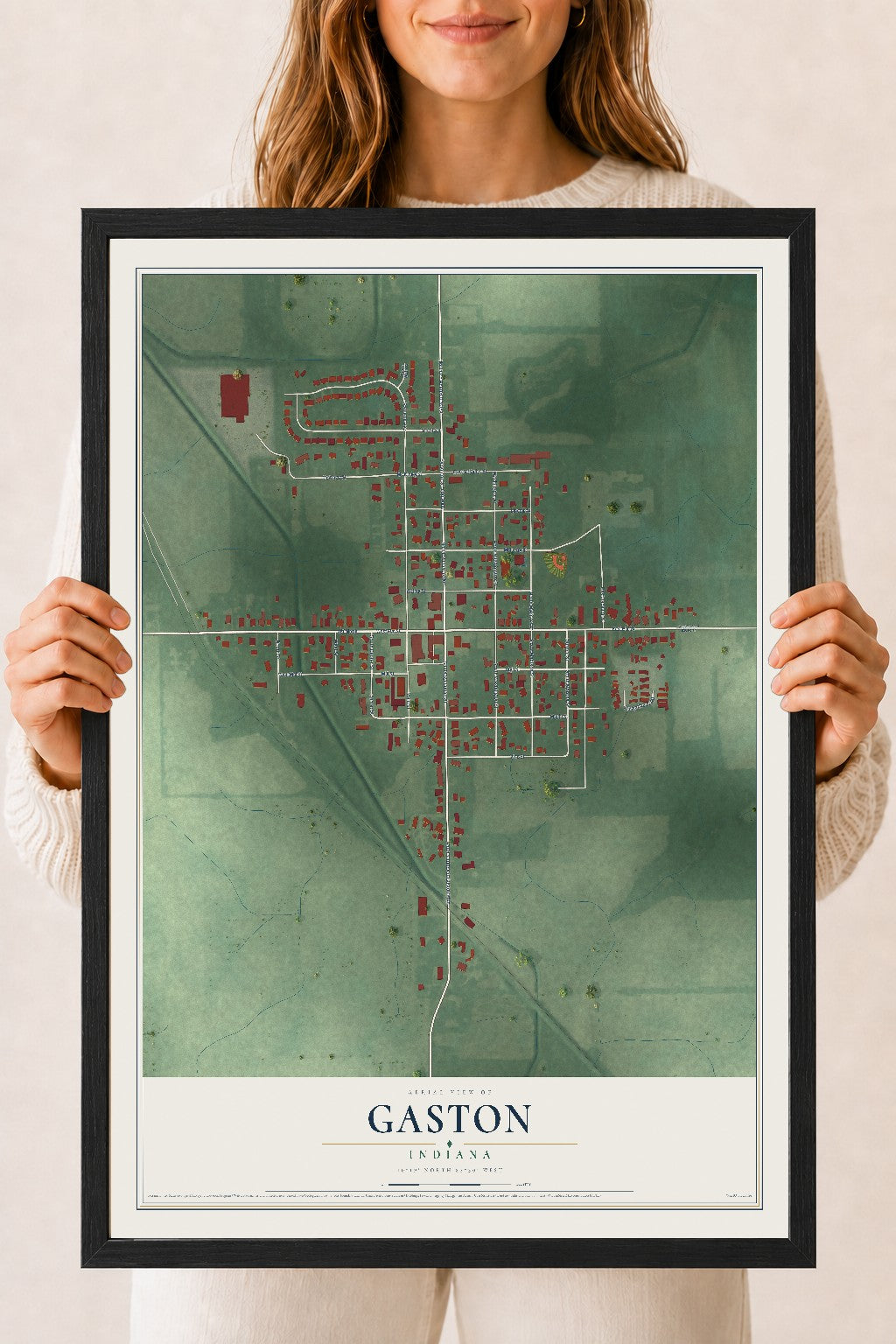 Map of Gaston, Indiana, 18 x 24 inch print in a black wood frame