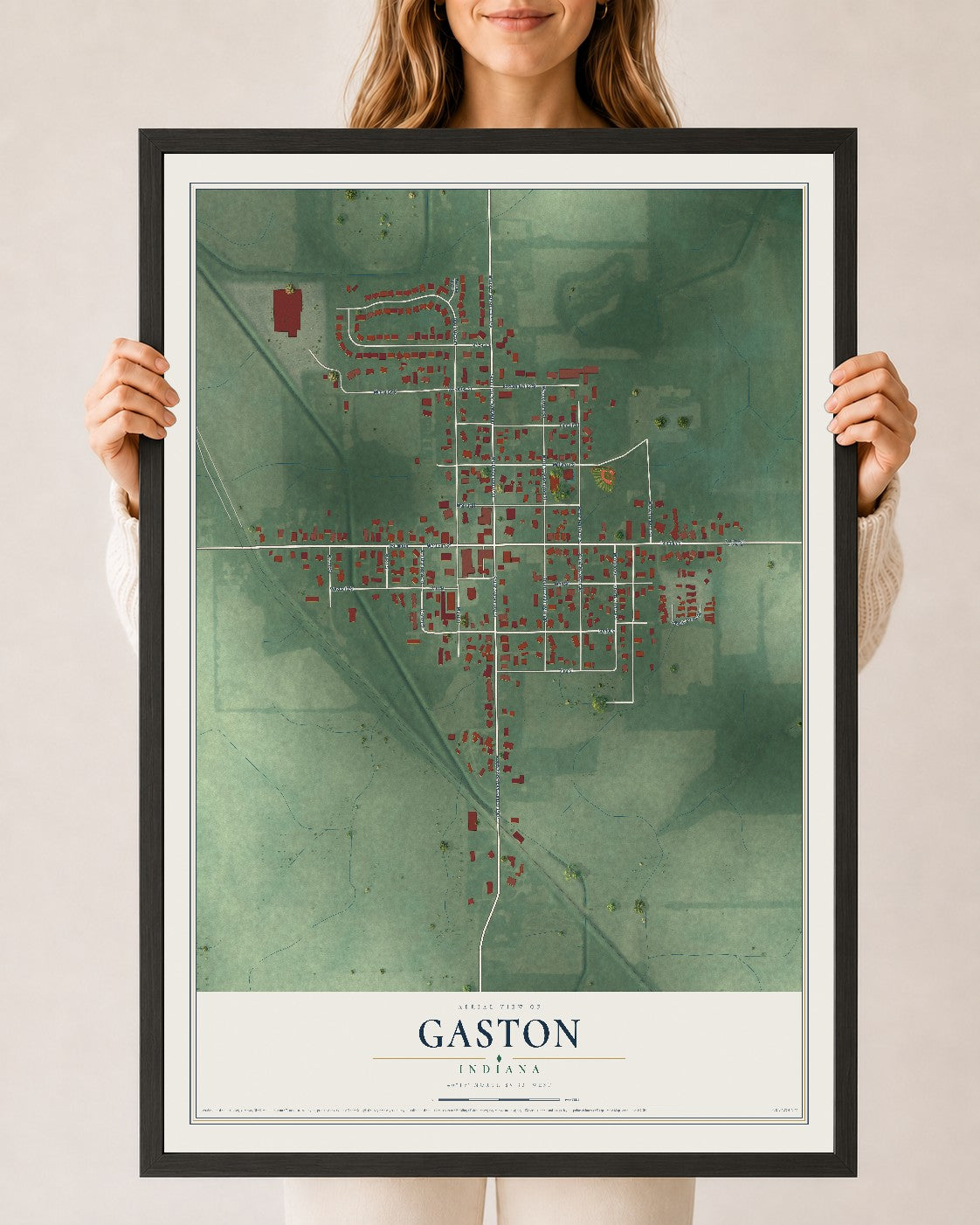 Map of Gaston, Indiana, 24 x 36 inch print in a black wood frame